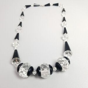 Vintage Black and Clear Faceted Glass Beaded Necklace, Art Deco Style, Estate